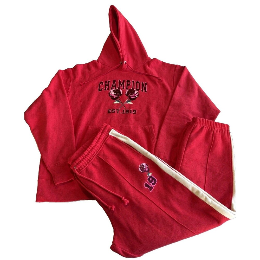 Champion Women’s Reverse Weave Heavyweight XL Hoodie Pants Set Rose 1919 Red